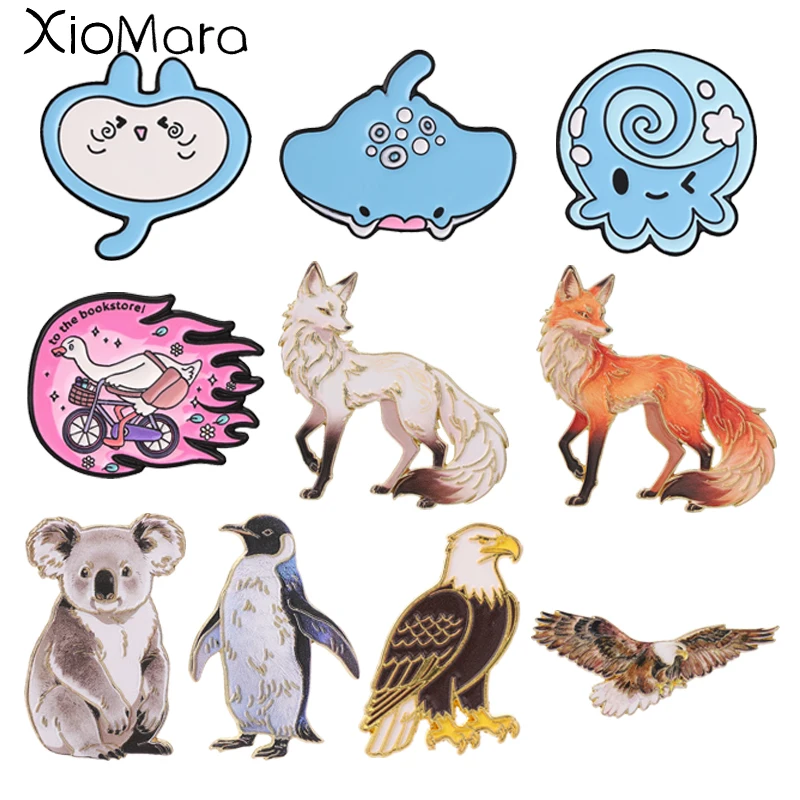 Cute Animal Series Enamel Pins Marine Creature Octopus Manta Ray Wildlife Bald Eagle Penguin Koala Brooches Jewelry Gifts