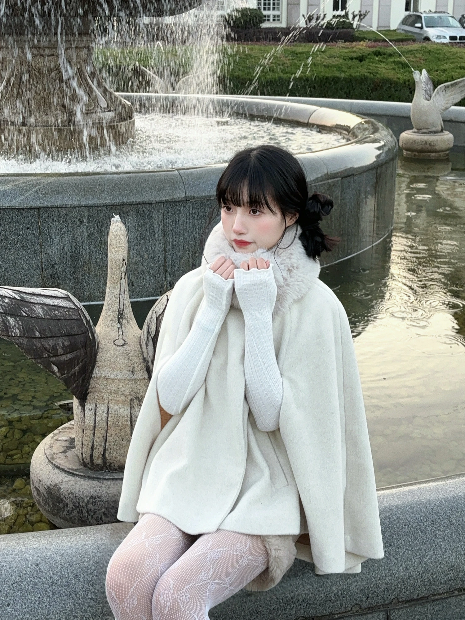 

e Honeyrubao Cloak with Fur Collar Sweet Sle Woolen Coat for Women Polyester 70% Wool 30% Winter Outerwear