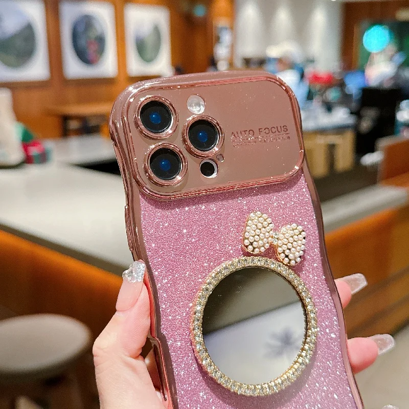 

Love Mirror Glitter With Hand Lanyard Case For IPhone16 15 14 13 12 11 Cover Electroplated Coque
