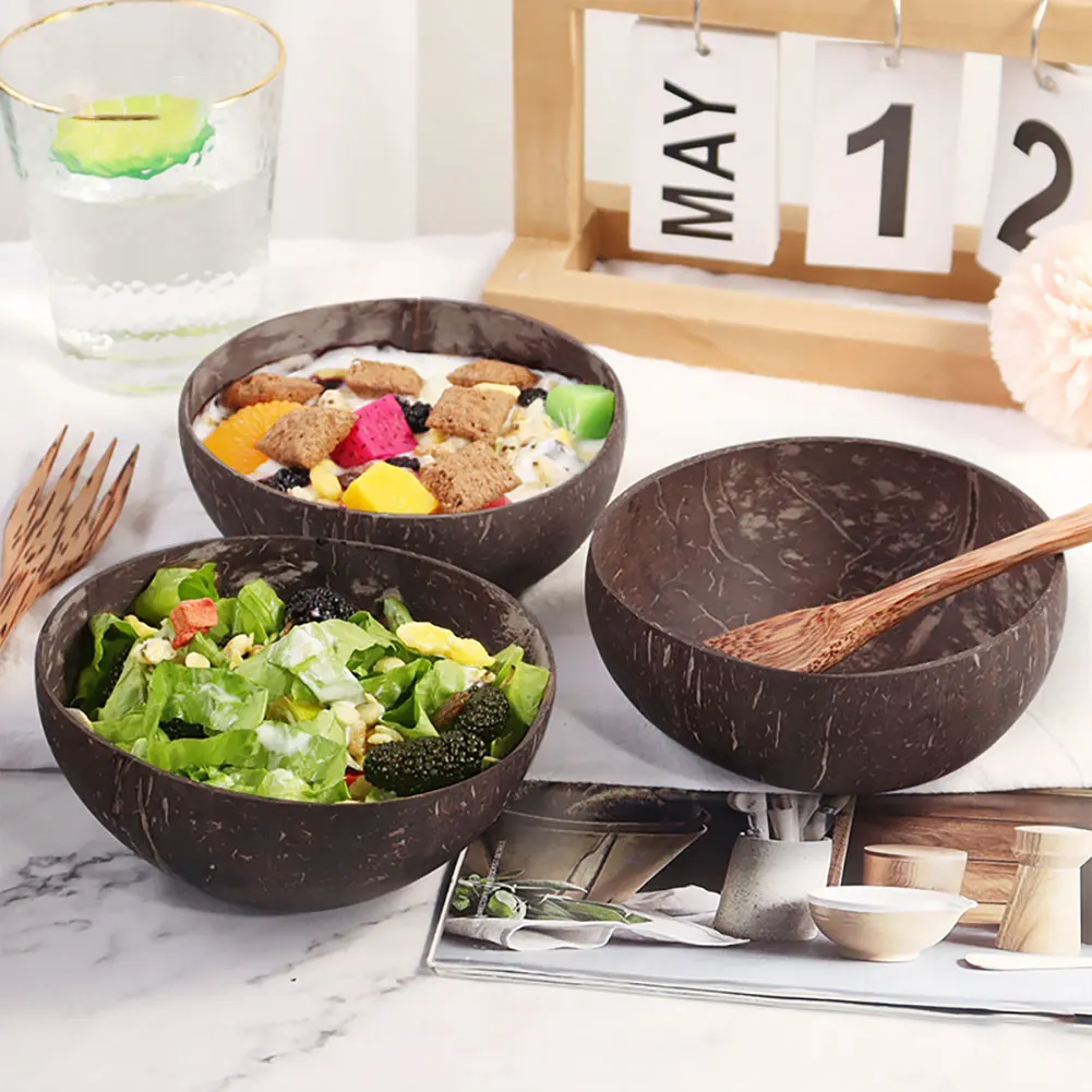 12-14.5cm Natural Coconut Bowl Set Wooden Salad Ramen Bowl Coconut Wood Spoon Set Coco Smoothie Kitchen Tableware Coconut Bowl