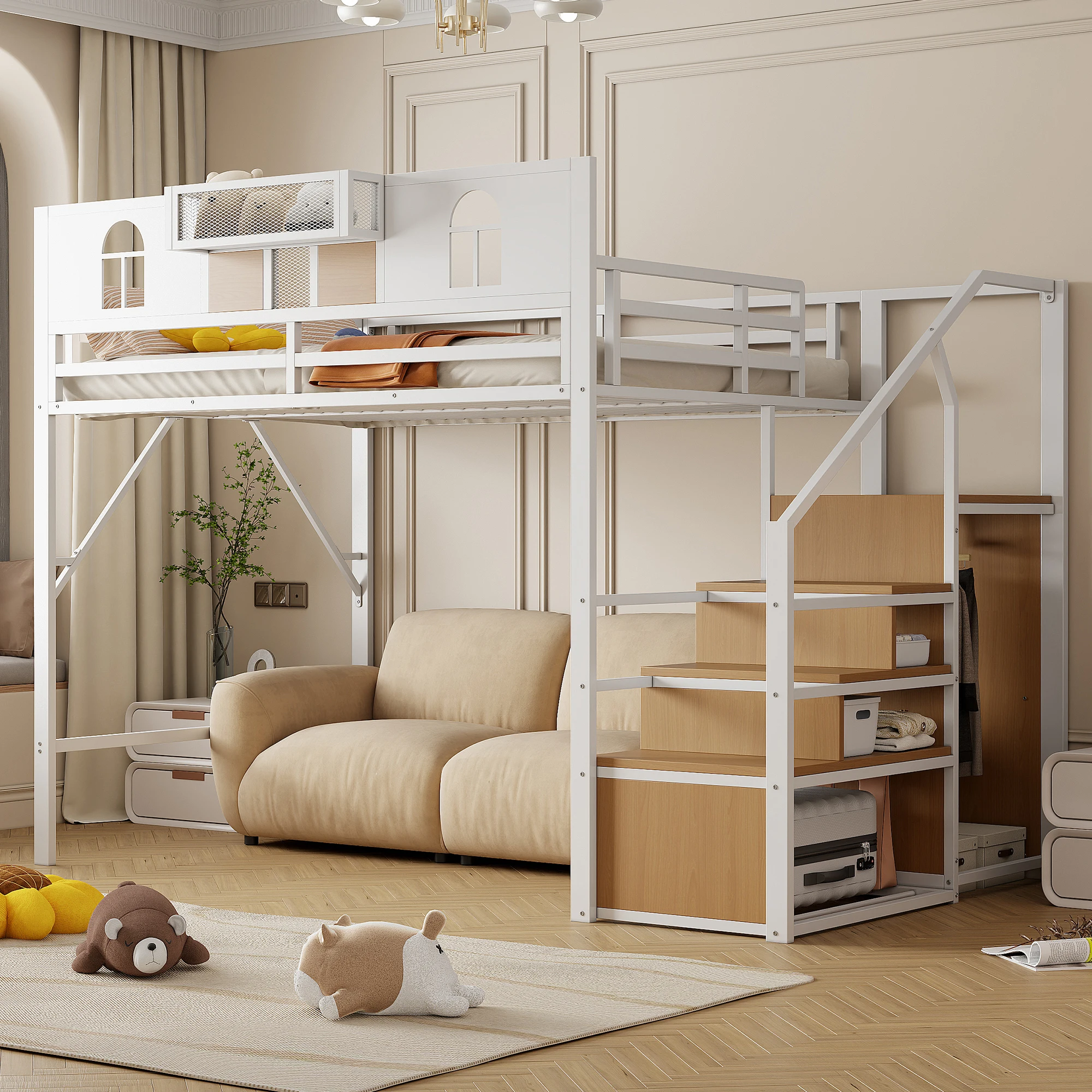 Hochbett 140x200 Jugendbett ohne Matratze mit einzigartige Erhöhte Umzäunung,Kindebett mit Stauraumleiter und Fenster