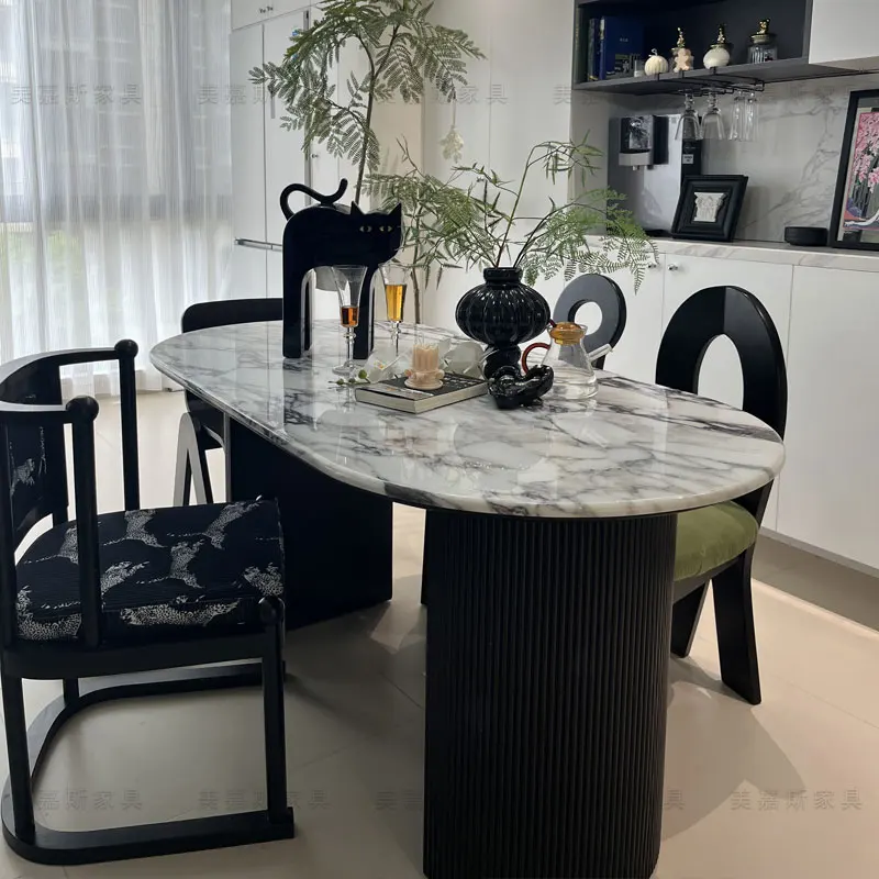 Marble dining table, oval slate dining table and chair combination