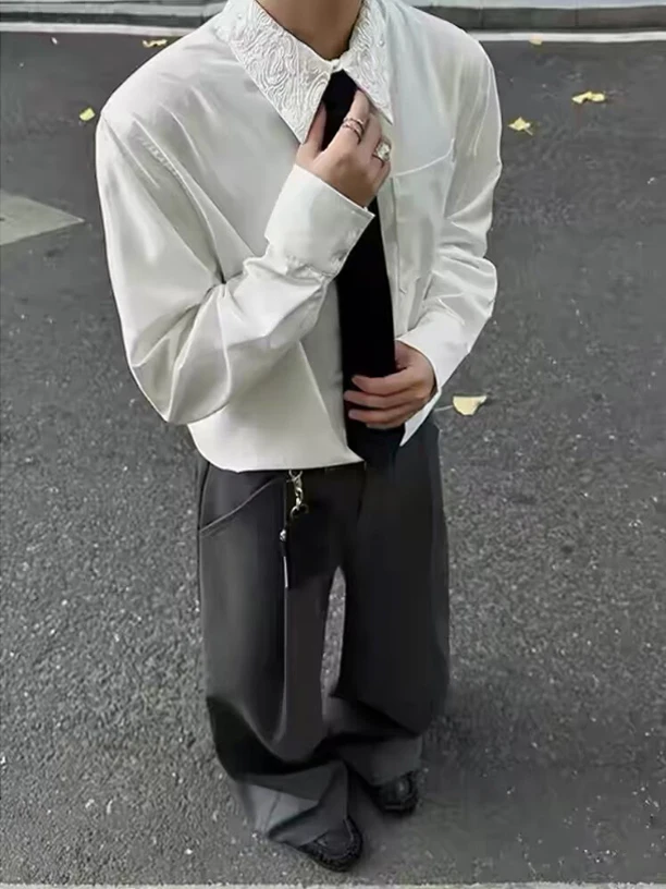 

White Embroidered Floral Collar Long Sve Men's irt American Sle Cleanfit High End Design Loose Fit No ket