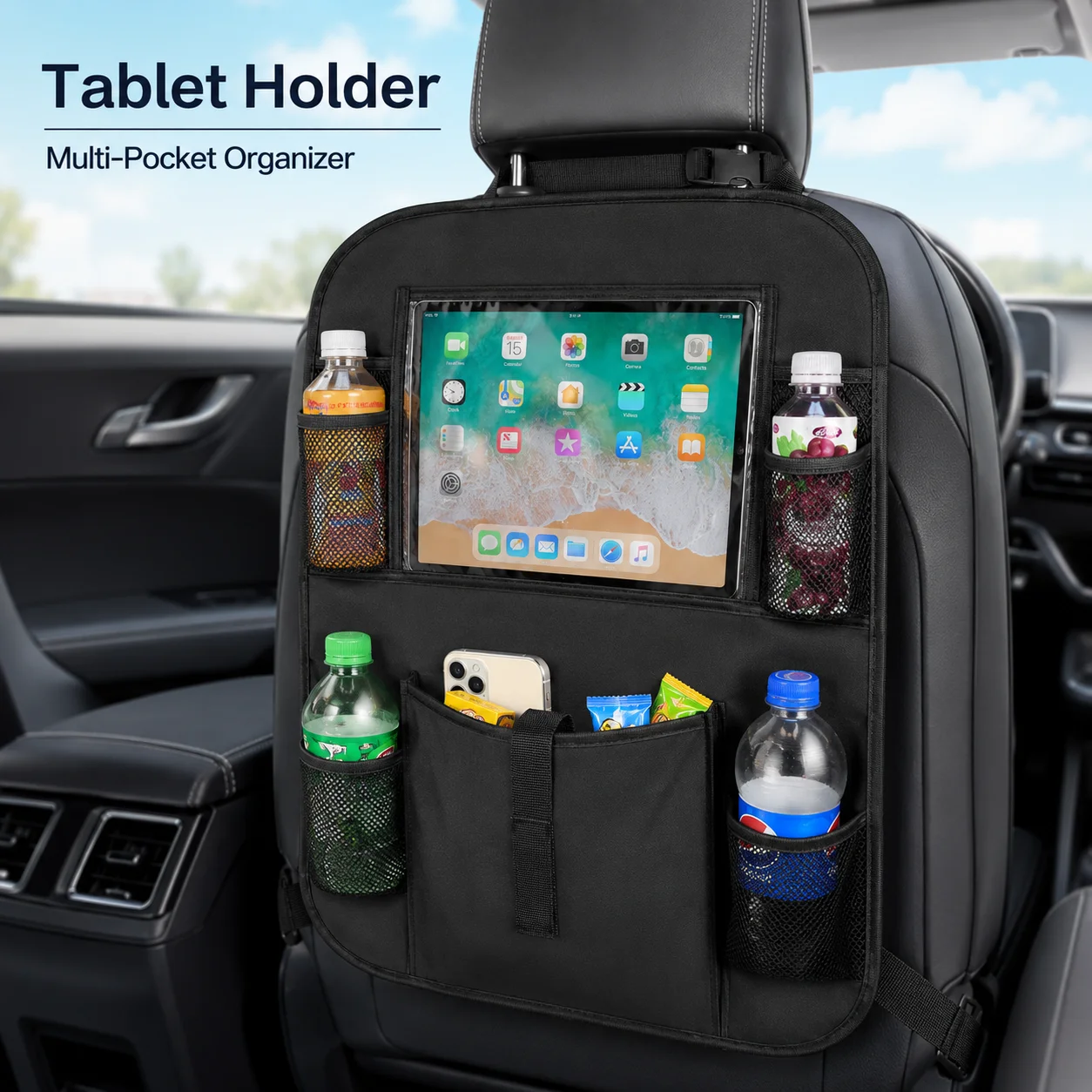 Waterproof Car Back Seat Organizer with Tablet Holder, Multi-Pocket Storage Bag for Kids and Family Travel