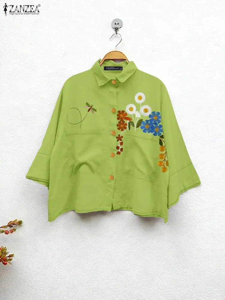 

ZANZEA, женские повседневные рубашки с вышивкой, осень 2022, топы на пуговицах с отложным воротником и рукавами три четверти, повседневная одежда, S-3XL