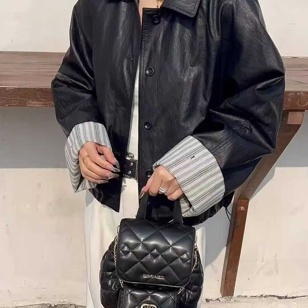 2026 European Design Premium Color-Block Padded Leather Jacket with Flared Collar and Motorcycling Style Yellow Green Black Coat