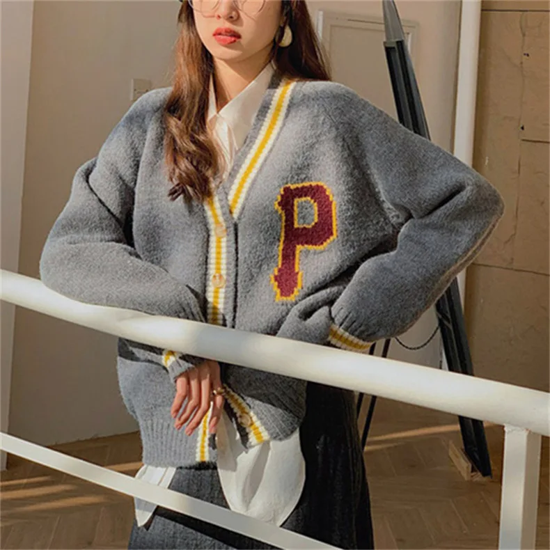 Autumn and winter new sweater Korean version of the letter knitted jacket cardigan women loose contrast color casual jacket