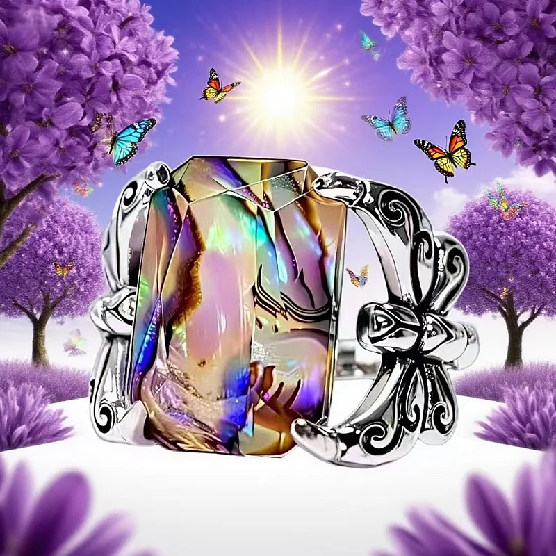 

Exquisite and beautiful, is the perfect gift for daily weddings Vintage Colorful shell butterfly Archaizing silvery ring