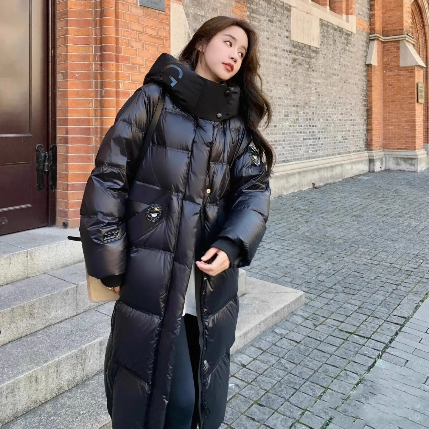 الشتاء الأسود مقنعين أسفل سترة المرأة منتصف طول الأبيض بطة أسفل معطف دافئ سميكة يندبروف خندق معطف طويل الأكمام سترة الثلوج #6