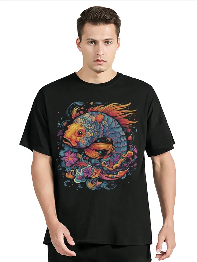 Summer T-shirt Psychedelic Koi Fish Men's Tshirt Cotton Oversized Clothing Fashion O-neck Tops Tees Fitness T Shirt