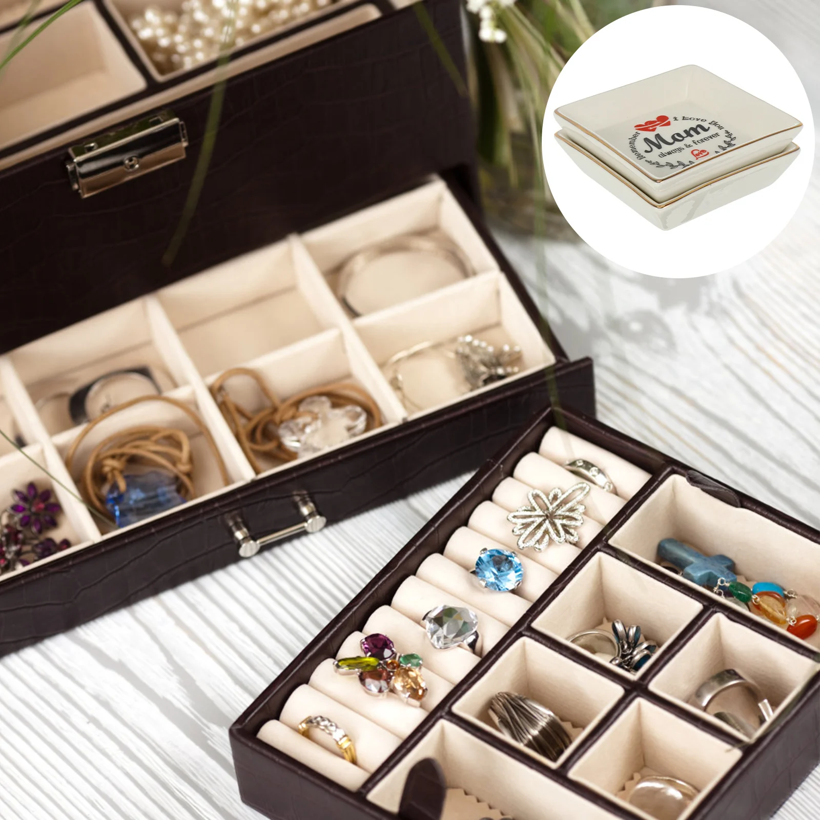 2Pcs Ceramic Ring Organizer Display Tray Gold Edge Jewelry Storage Dish for Home Vanity Gift Ring Display Tray