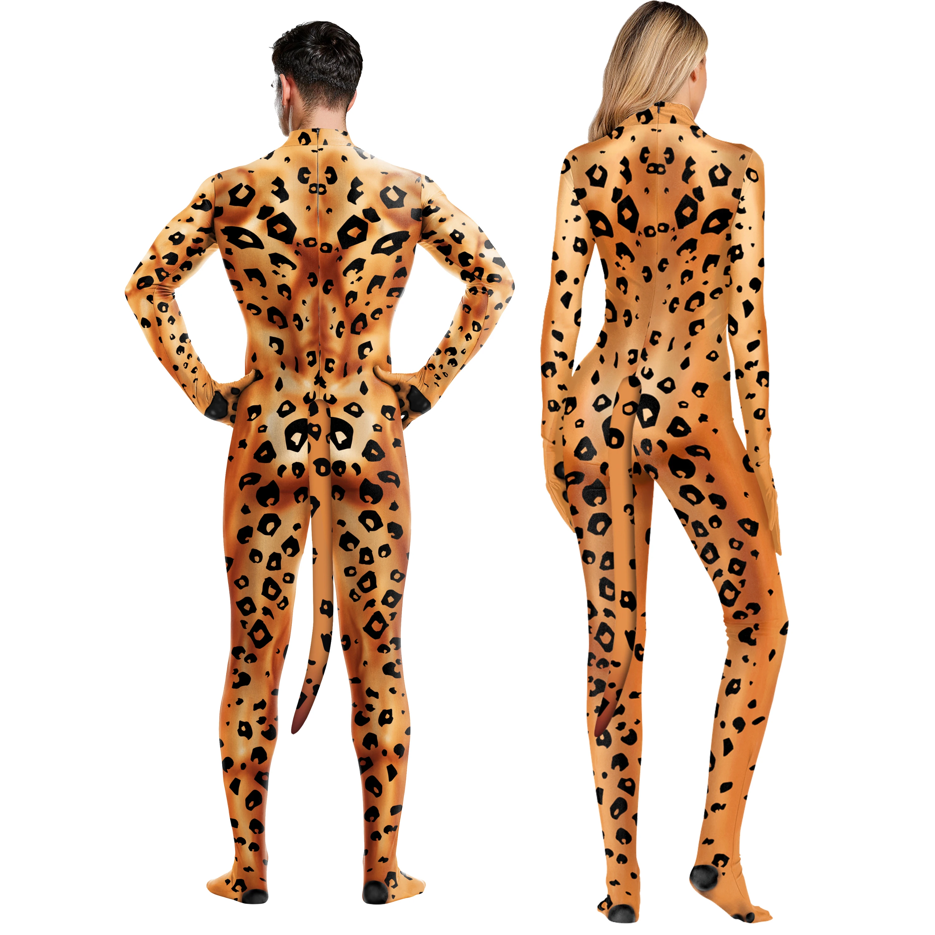 IOOTIANY Animal Leopard Printed Jumpsuit Catsuit Costume Sexy Zentai Cosplay Bodysuit Suit Full Cover with Tail Fitness Outfit