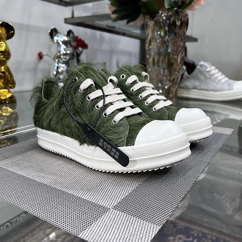 Genuine Leather Army Green Horse Hair Men's Low Top Casual Shoes New Summer 2024 Thick Sole Lace Up Women Luxury Sports Sneakers