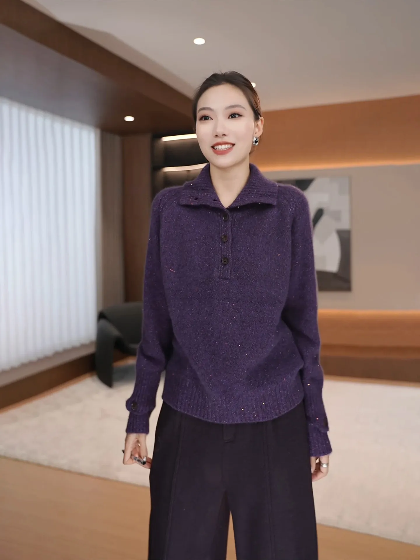 

Lu Knitted iny Sequin Loose Fit f Button Stand Collar Sweater Women's Winter Warm Top Soft Nylon Wool Blend Long Sve