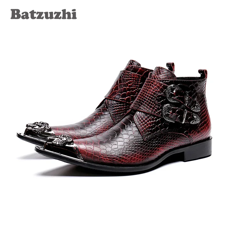 Batzuzhi Korean Type Fashion Men Boots botas hombre Leather Dress Boots Pointed Metal Tip Wine Red Party and Wedding Boots Men