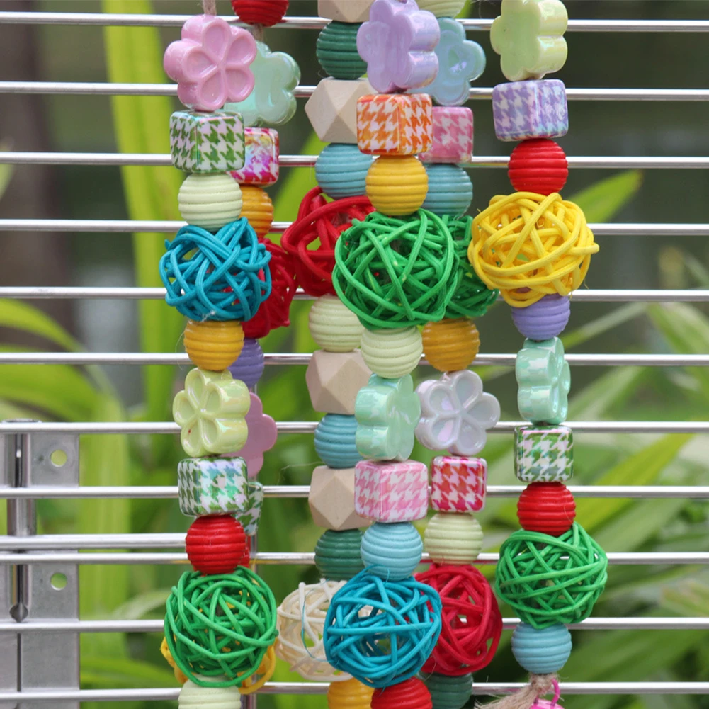 Bird Block Knots Tearing Toy Wooden Bird Toy With Colorful Acrylic Beads Solid Wood Blocks Adjustable Ropes Hooks For Cockatoos