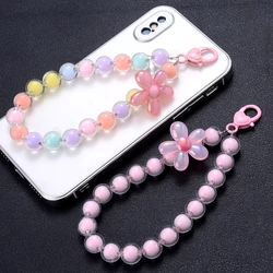Colorful Round Mobile Phone Chain Lanyard Flowers Beads Sweet Cellphone Chains keychain Women Anti-Lost Fashion Accessories
