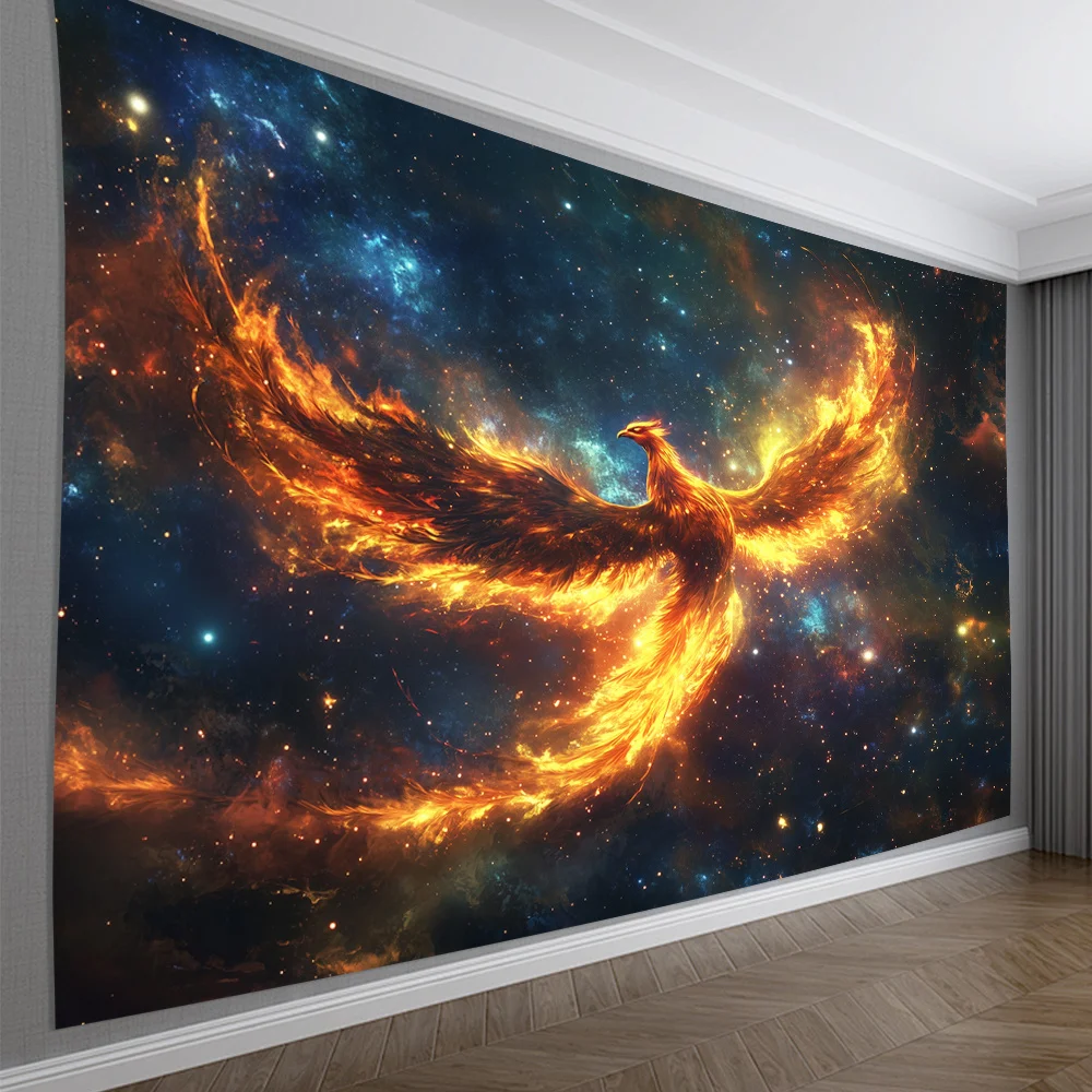 Blazing Rebirth Phoenix Tapestry, Fiery Wing Cosmic Galaxy Starry Sky Mythical Beast Fantasy Art Wall Cloth For Home Room Decor