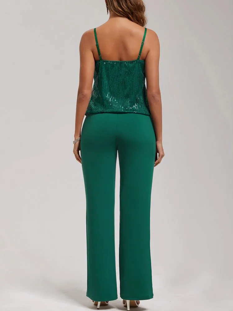 Sequins Suspenders Jumpsuit Women Casual Solid Sleeveless One Pieces Straight Pants Summer Elegant Overalls Female Jumpsuits