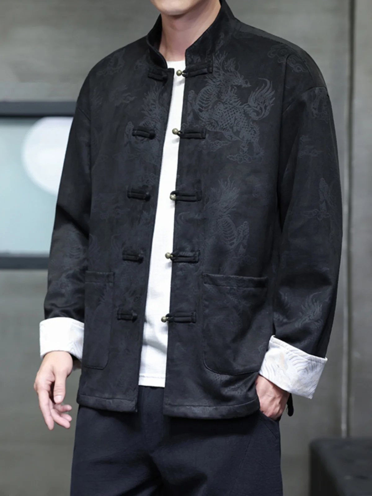 

Loose Large Size Men's Deer Skin Velvet Jaet Spring Autumn Printed Stand Collar Hanfu Zhongan Coat Tang Costume
