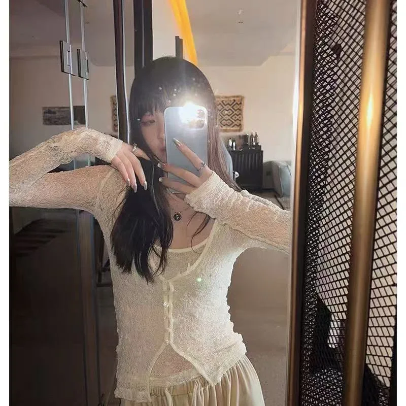 V Neck Sheer Lace Button Down Cardigan Women Slim Fitted Long Sleeve See-through Y2K Casual Cropped Blouse Top