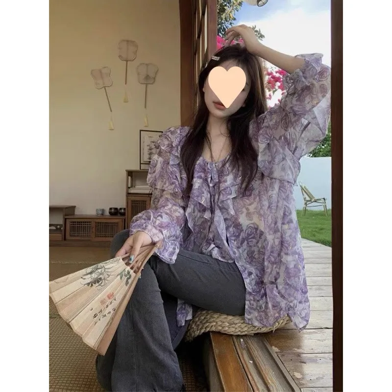 

Ele Floral Print irt Women's Spring 2025 Early Season New Sle e Beautiful Design Lace Trim Top Polyester Fiber