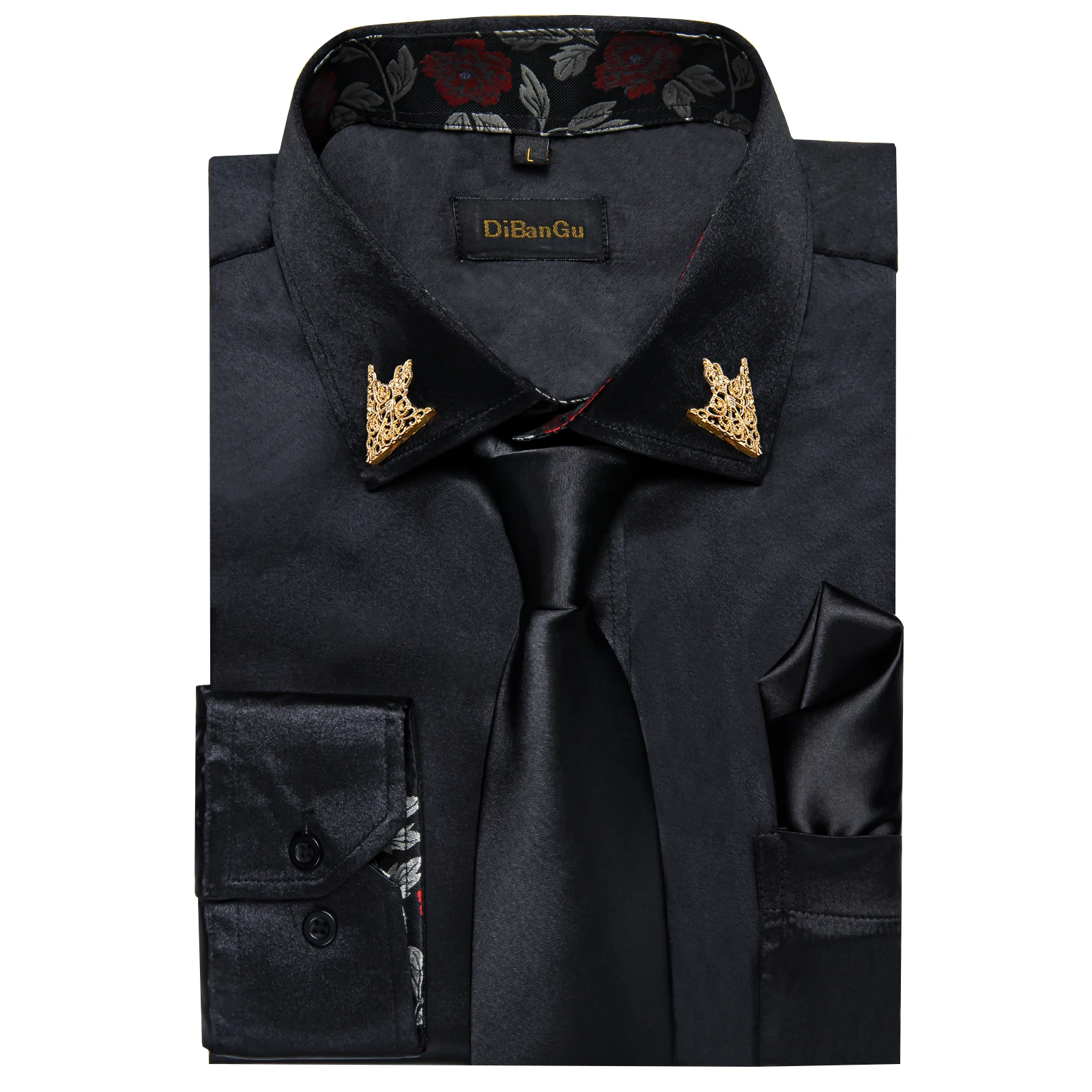 Black Men Luxury Shirt Party Shirts For Men Wedding Hanky Tie Suit Spring Automn Formal Long Sleeve Classic Male Tops Free Ship