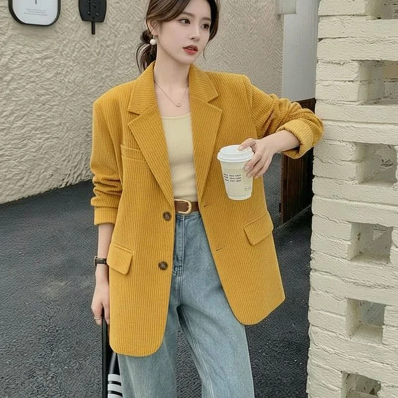 Europe Women Fashion Solid Color Suit Jacket Autumn Female Long Sleeved Blazer Outwear Spring Ladies Casual Corduroy Tops Coat