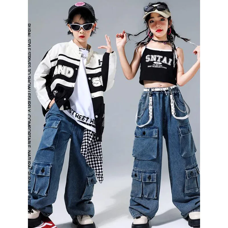 Costumes de danse de rue pour enfants, ensembles de vêtements Hip Hop, veste et pantalon cargo, manteau court noir, streetwear pour garçons et filles, olympiques de jazz