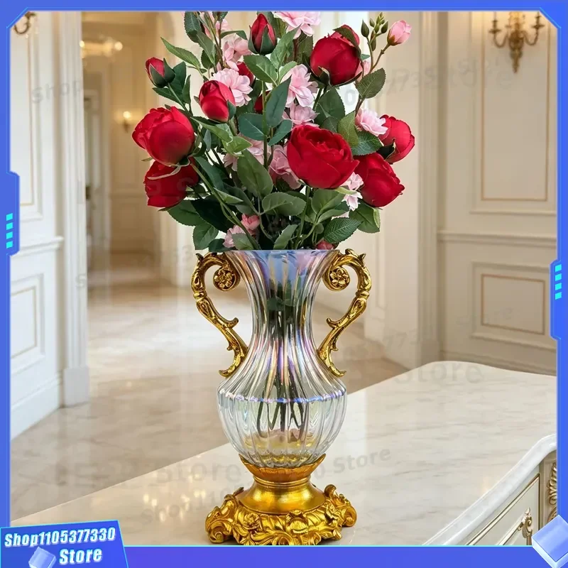 Luxury Gold Plated Glass Vase European Style Binaural Flower Arrangement Home Decor American Light Luxury High End Decoration