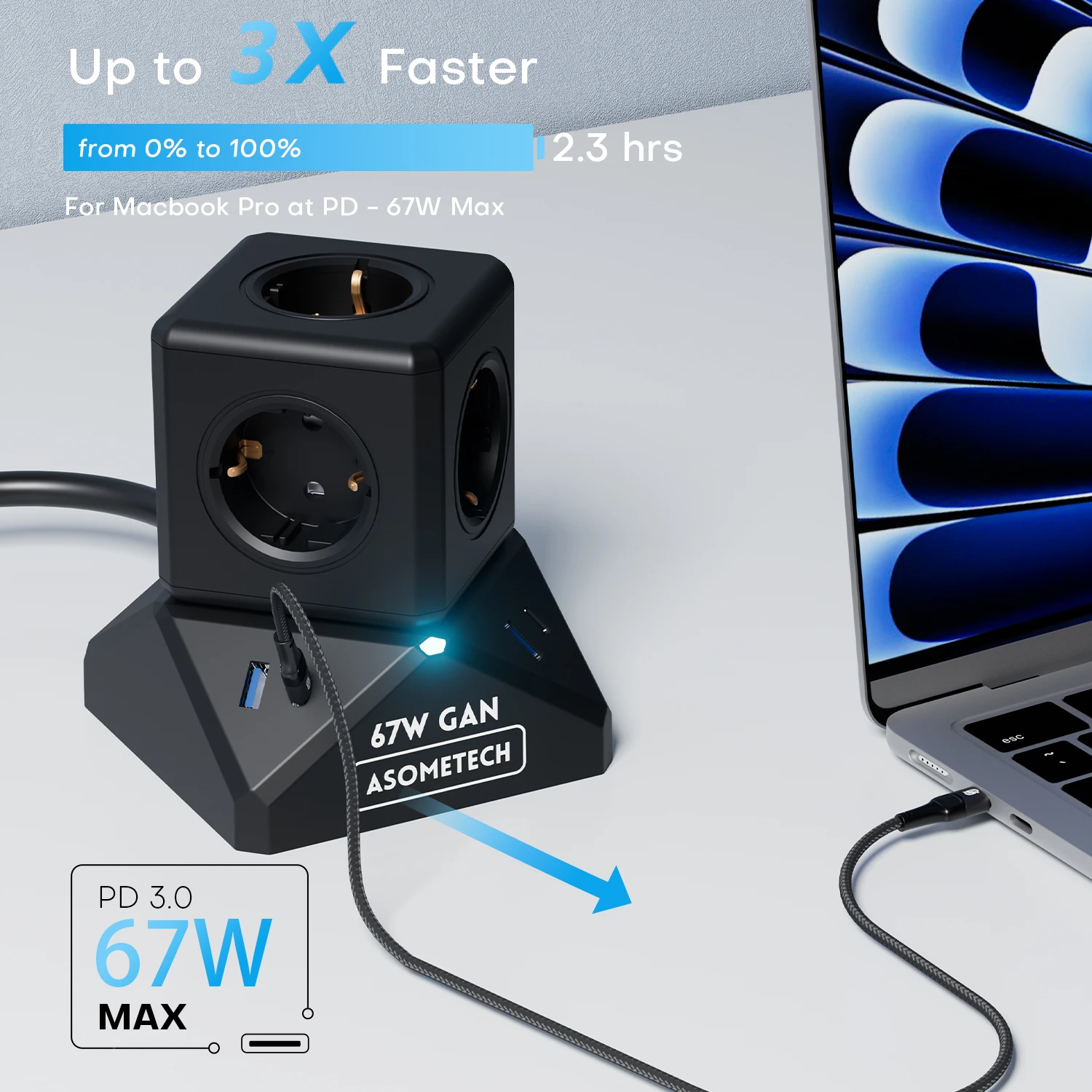 10 IN 1 Multiple Power Strip 3680W AC Outlets EU KR Grounding Socket With PD 67W USB C Fast Charger Adapter For Home Office Phon