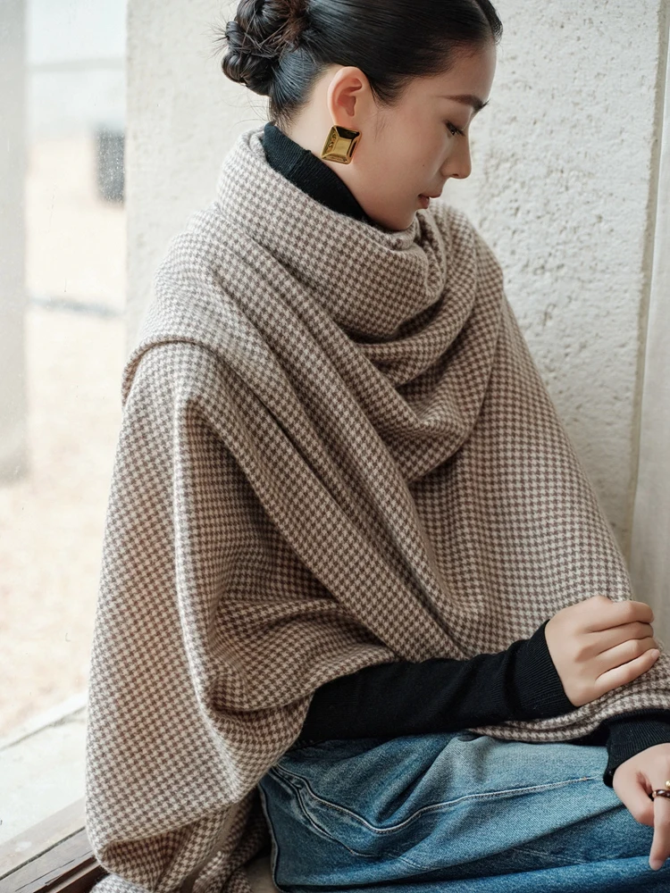 CHICUU Luxury Women's 100% Cashmere Knitted Blanket Shawl Plaid Houndstooth Cashmere Shawl Autumn Winter Comfy Cashmere Knitwear