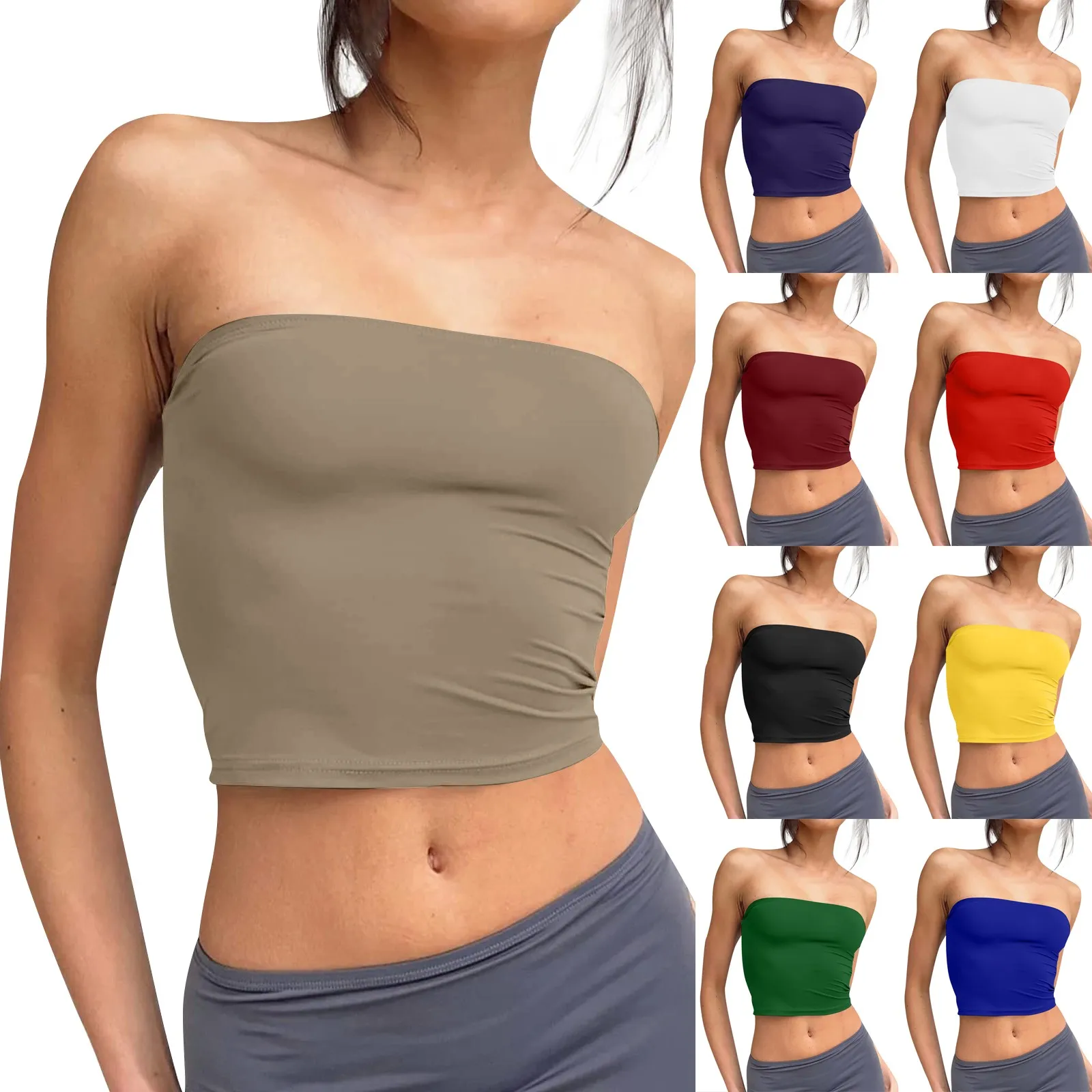 Womens Strapless Crop Tops Basic Backless Sleeveless Bandeau Cute Sexy Tops Trend Street Fashion Classic Solid Tube Tops