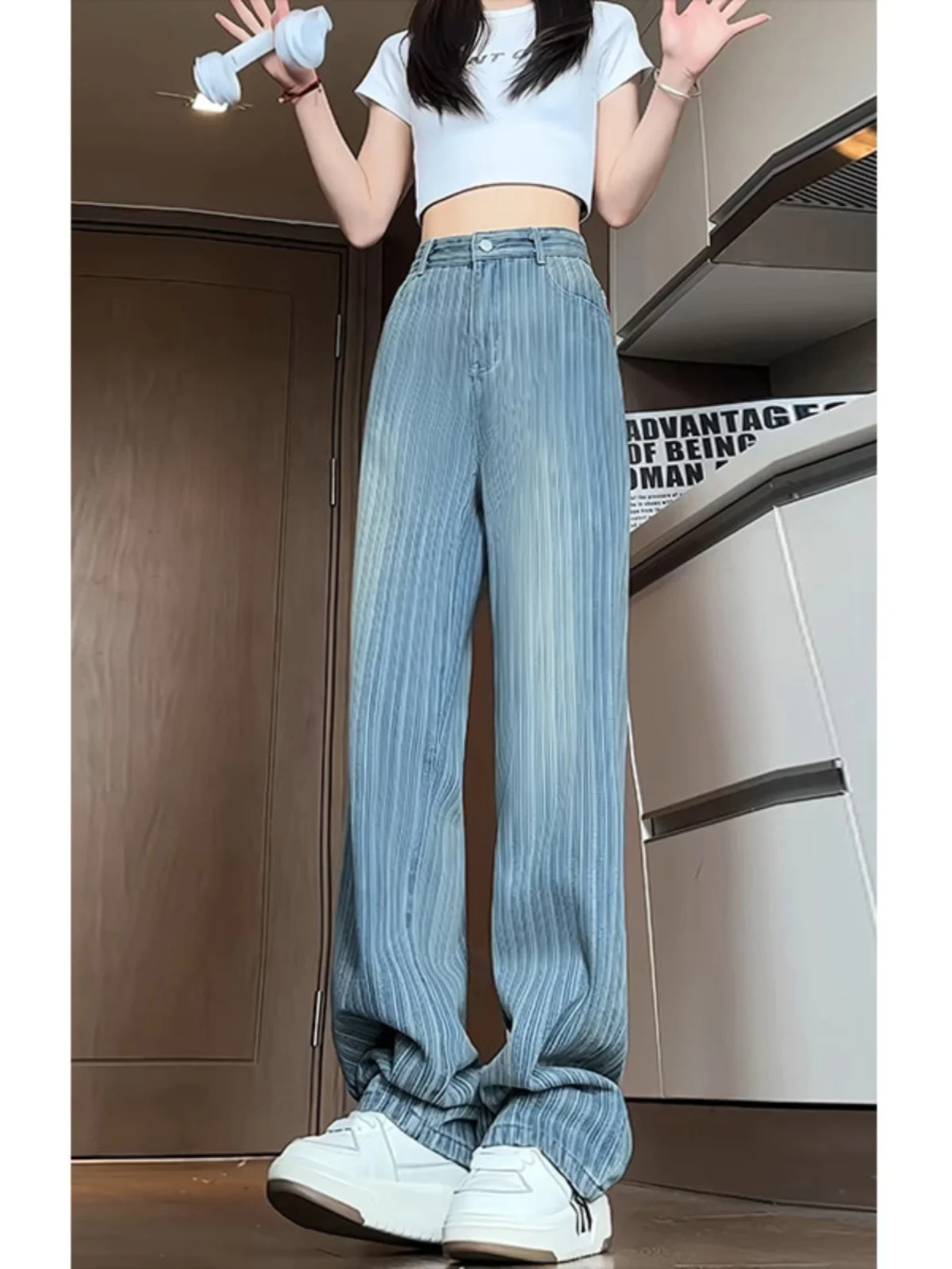 

Retro Blue Striped Loose Fit Straight Leg Men's Jeans Casual Wide Leg American Sle High Street Vibe Trendy Casual Long Trou...