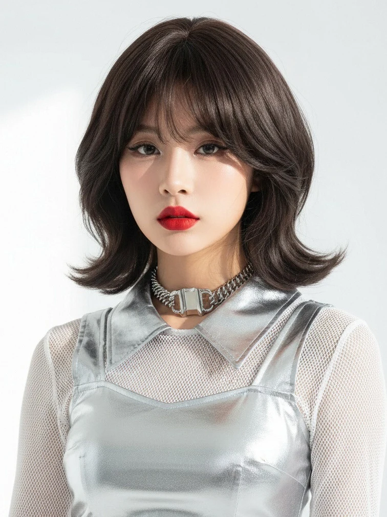 الاصطناعية قصيرة متموجة شعر مستعار أسود بني مع الانفجارات رقيق المرأة لوليتا شعر مستعار تأثيري مقاومة للحرارة للحزب اليومي #1