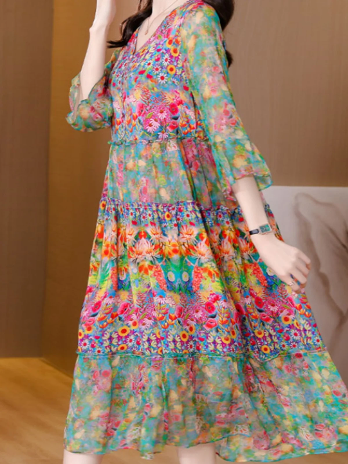 

Loose V-ne Floral Print Dr Long Skirt Seven-quarter Sve Women's Clothing Casual Sle Spring Summer Polyester Fiber