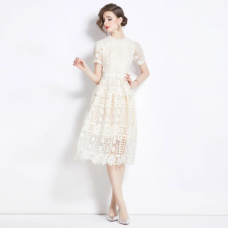 JAMERARY Brand Designer Summer Luxury Evening Prom Holiday Dress Women Midi Long Flower Embroidery White Lace Party Vestido Belt