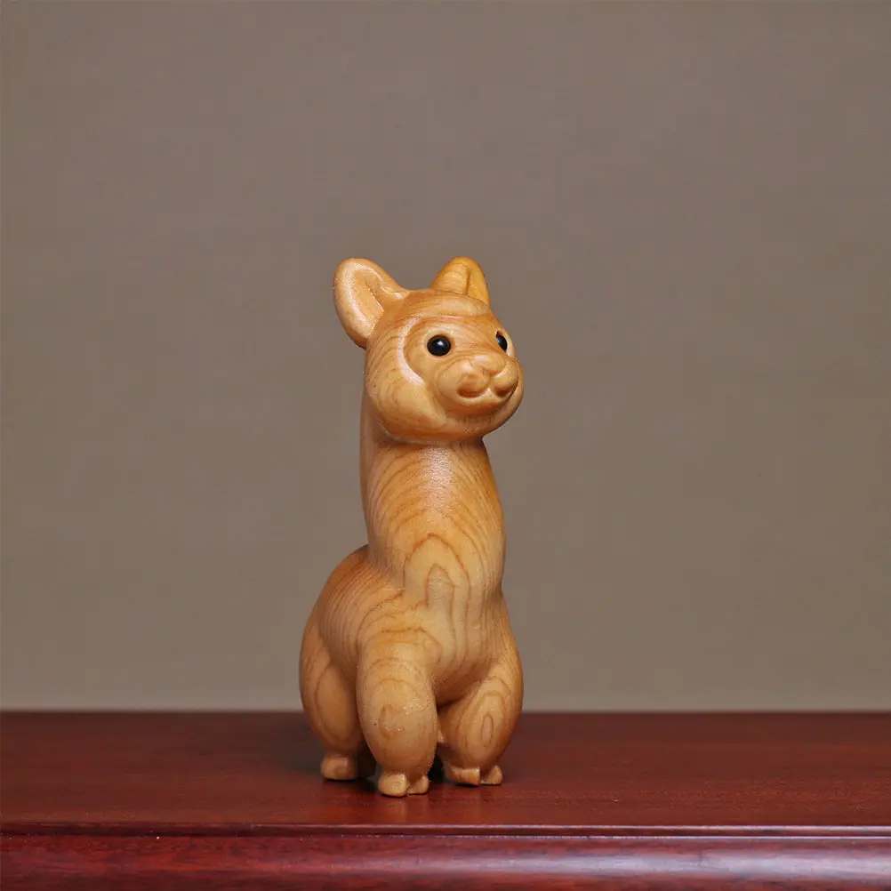 Meticulously Crafted Wooden Alpaca Statue Desktop Decoration Small Animal Ornament Bookshelf Bedside Table Accent Warm Wood
