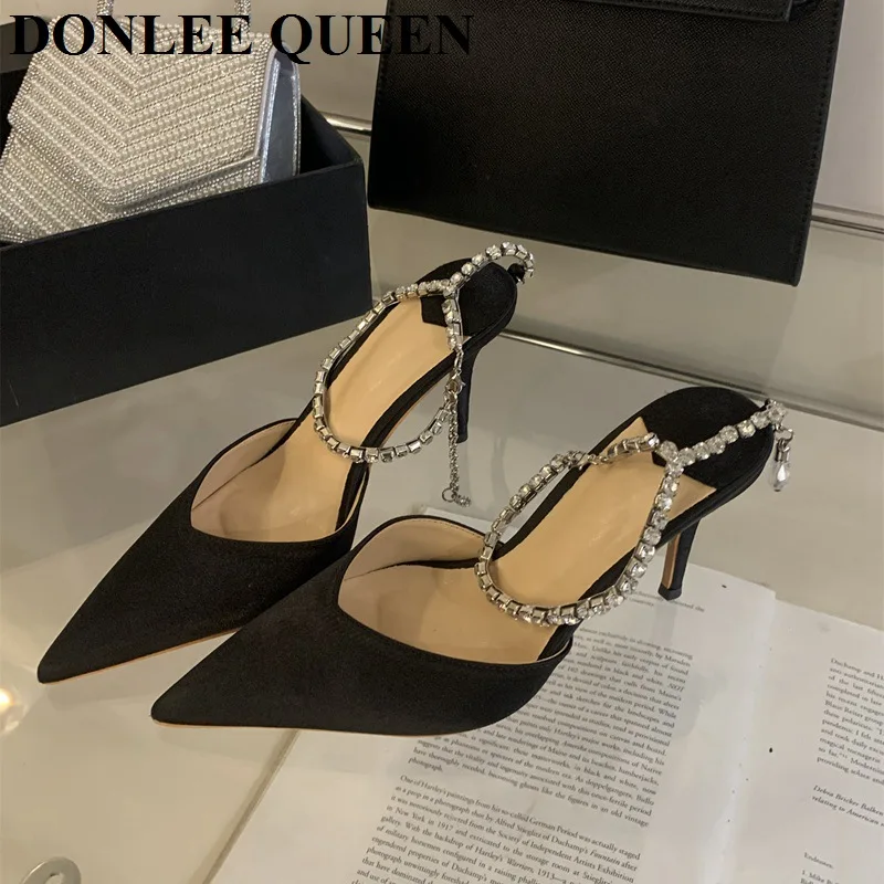 

Women Heels Sandals Rhinestone Pumps Pointed Toe Sexy Thin High Heel Wedding Party Shoes Bling Ankle Chain Pumps Close Toe Mujer