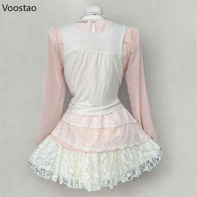 Outono doce lolita estilo 3 peça conjunto feminino kawaii rosa arco babados blusa topos rendas cardigan mini bolo saia feminina y2k outfits