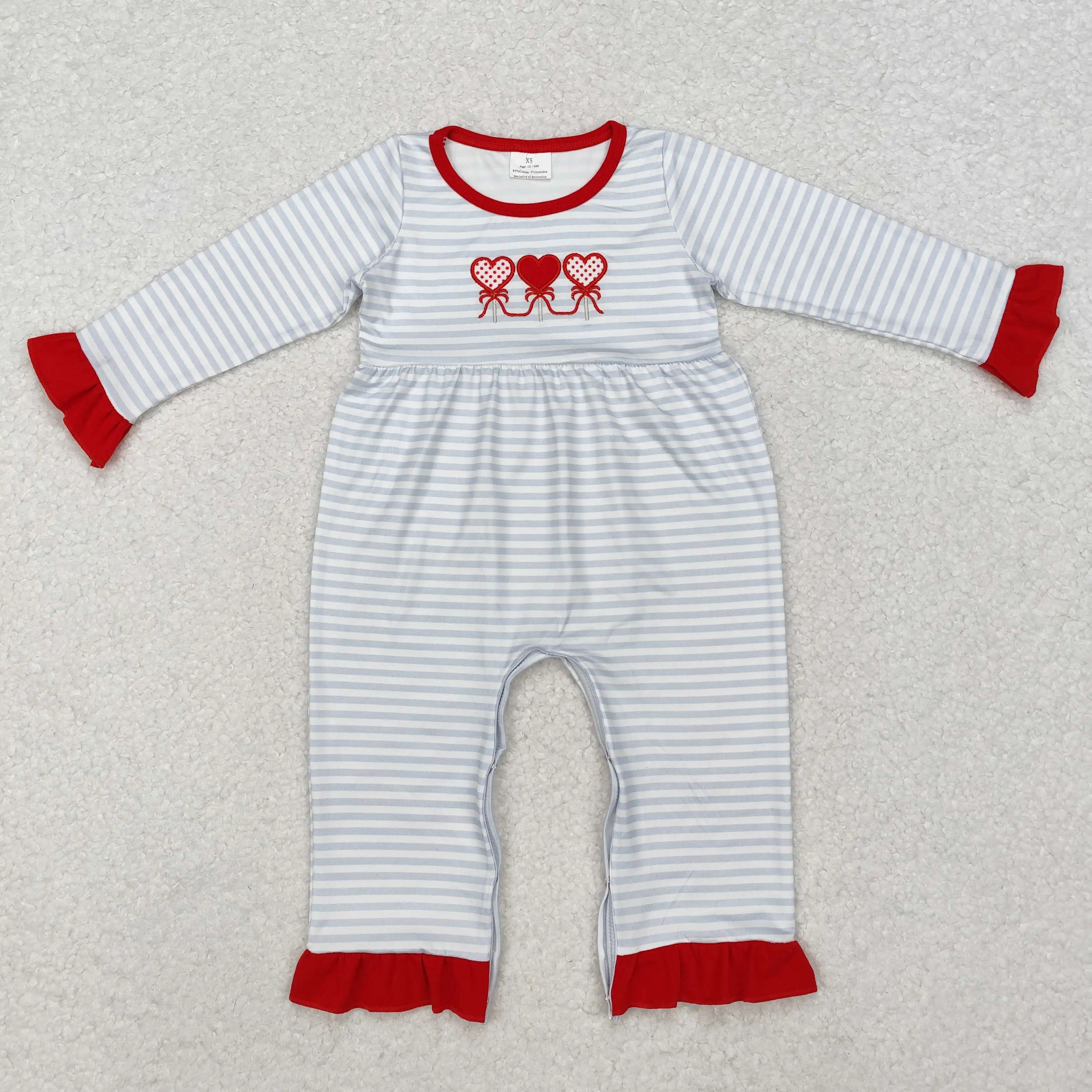 

new rts hot sale baby girls valentine rompers wholesale boutique embroidery love stripes girls romper