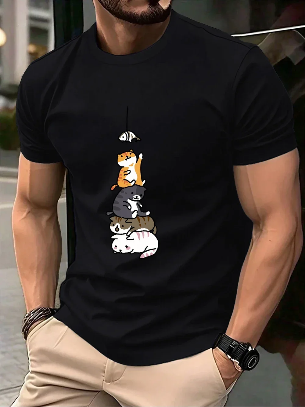 

Men's cat fishing print 100% pure cotton short-sleeved T-shirt fashionable and casual short-sleeved top