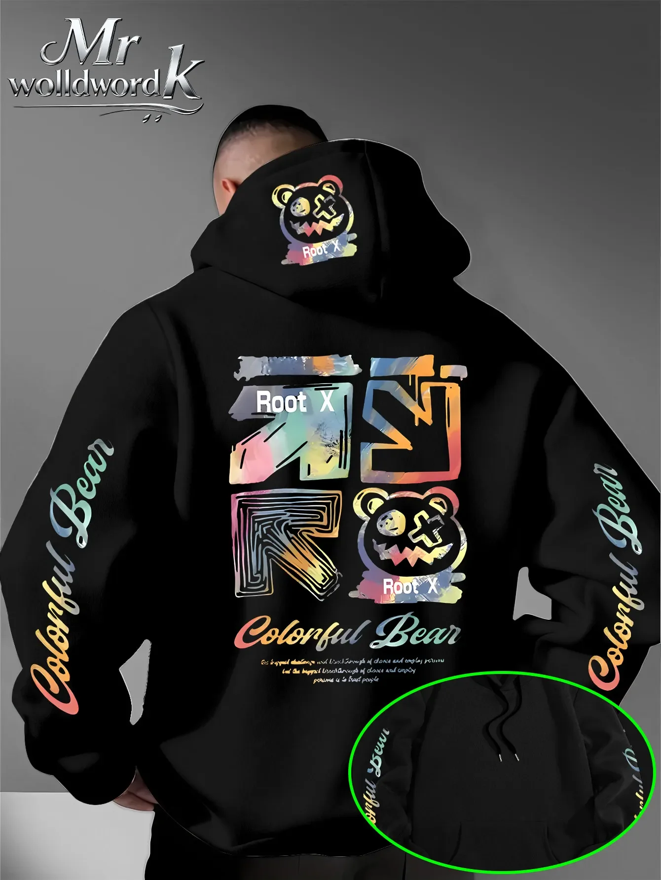 Trendy Casual Loose Splash Paint Bear Letter Art Design Oversized Hooded Sweatshirt Men Women