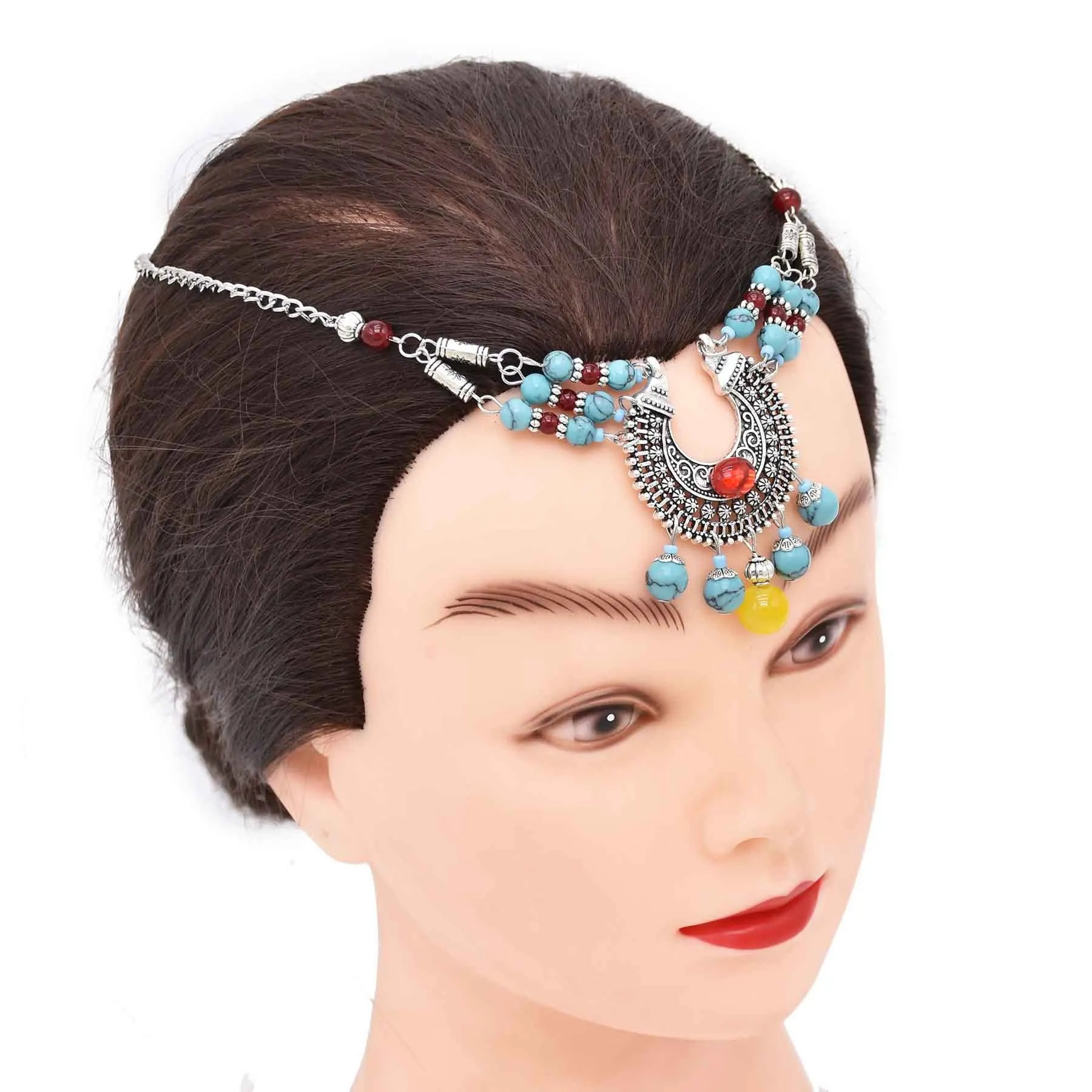 Ethnic Style Imitation Turquoise Pendant Hair Ornaments Necklace Gypsy Bohemia Tassel Headband Women Jewelry Accessory Gift