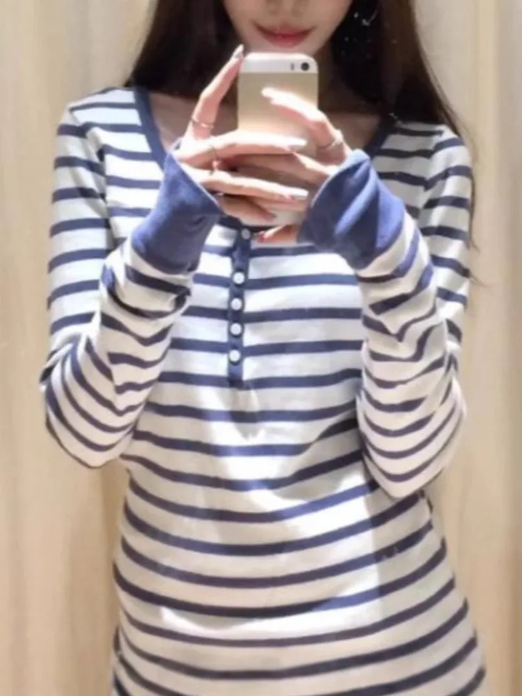 

Blue White Striped T-shirt Women Buttons O-Neck Cotton Slim Patchwork Long Sleeve Tee Sweet Cute Preppy Style Tshirt Y2K Top New