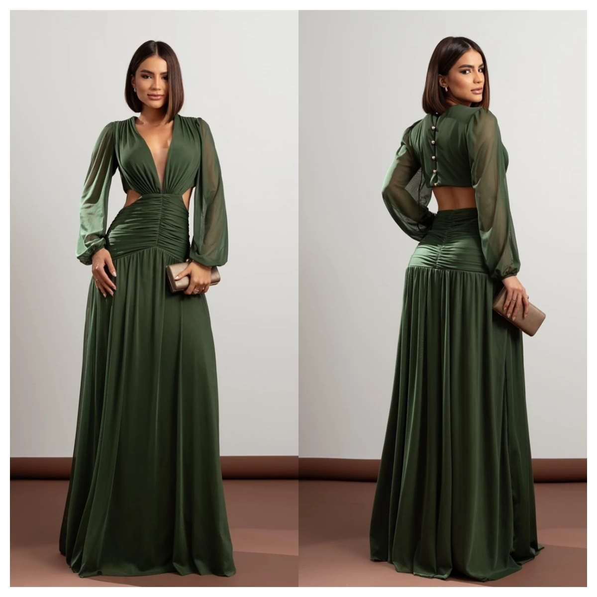 Sukienka wieczorowa z zielonego dżerseju na zamówienie, wykwintna, dekolt w serek, długie rękawy, suknie celebrytek, szyte na miarę suknie okolicznościowe, perły, temperament.