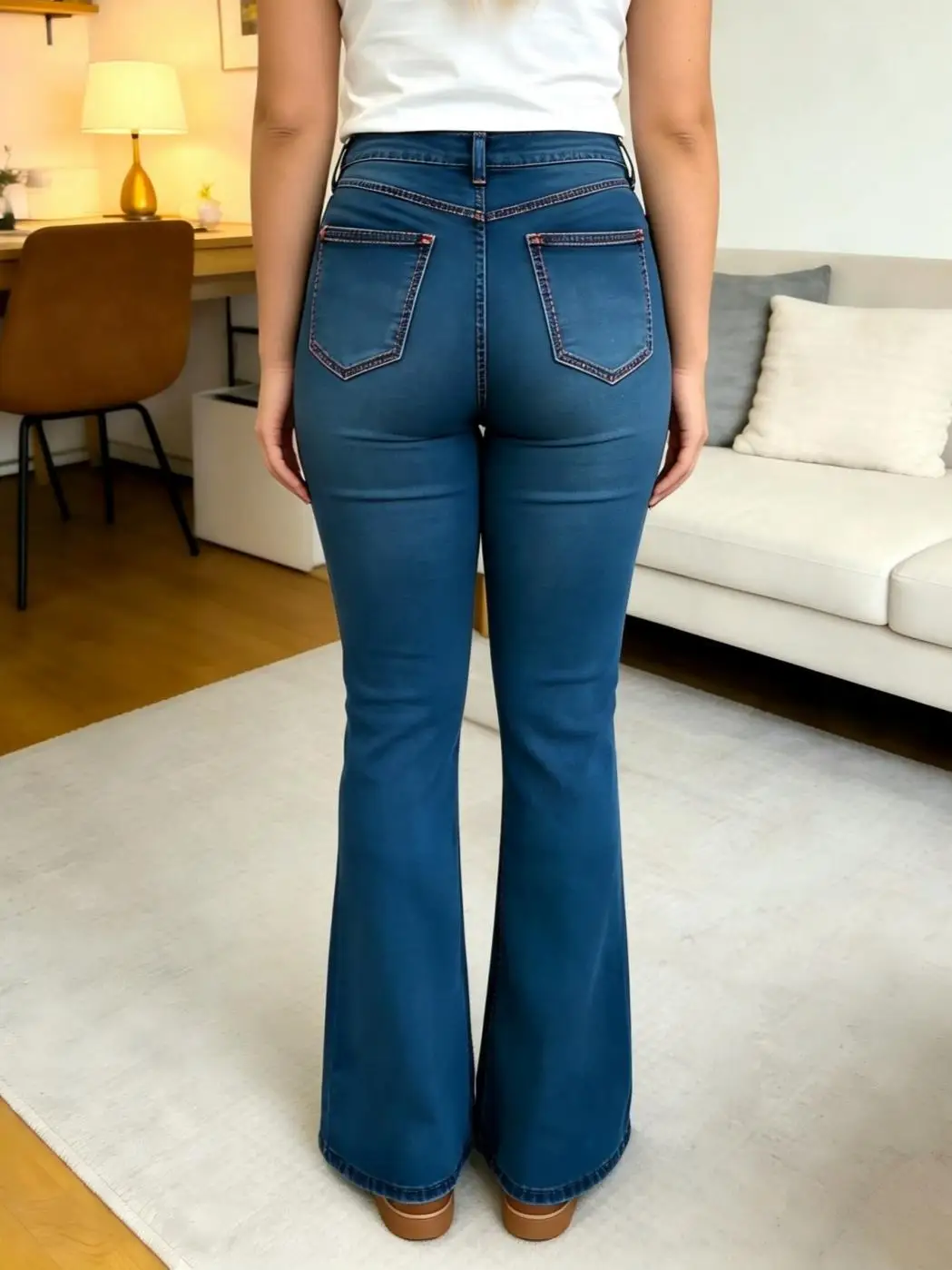 【HME】Jeans | Stretchy Dark Wash Denim Pants For Women, Mid-High Rise Flared Denim Jeans With Decorative Stitching & Flap Pockets, Soft Comfortable Fabric, Versatile Slim Bootcut Pants For Work, Shopping And Casual Occasions