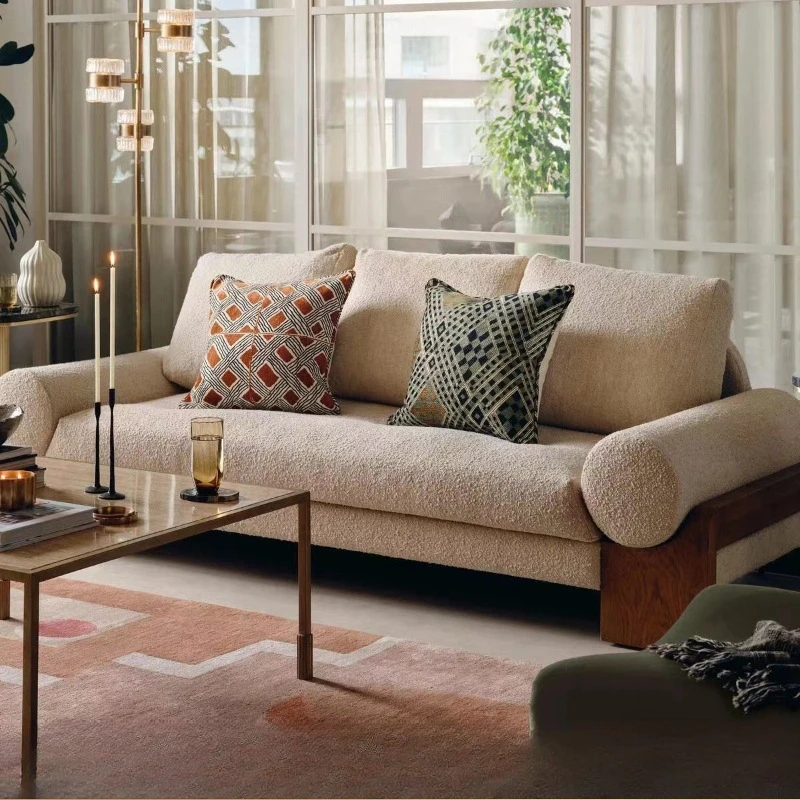 

Medieval lamb wool sofa Bauhaus style designer recommended studio living room three-person solid wood sofa