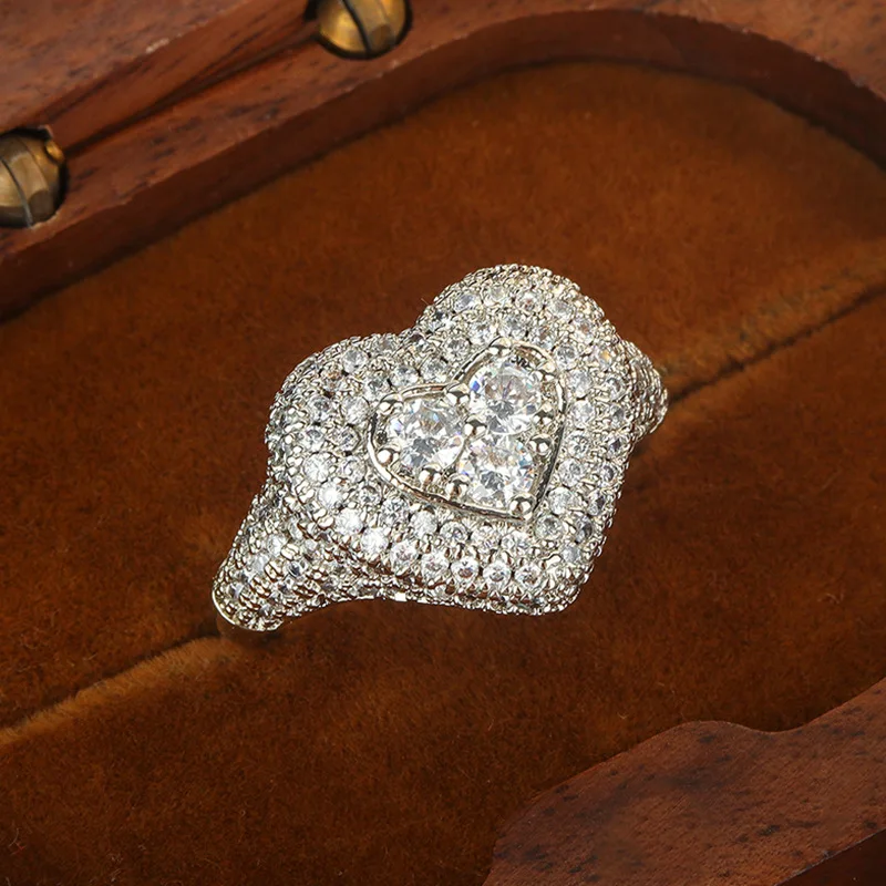 925 sterling silver luxury sparkling heart full diamond women's micro inlaid Cuban ring design luxurious heart-shaped jewelry