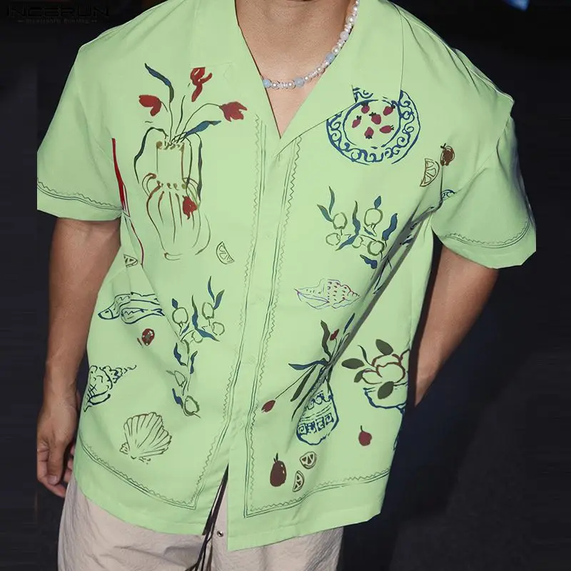 

Мужская рубашка INCERUN с принтом, отложным воротником, коротким рукавом, на пуговицах, свободного кроя, повседневная, уличная одежда, летняя мода 2026, топы для отдыха